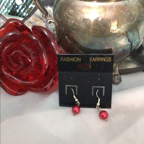 Vintage Wire Pierced Earring Small Red Dangle Earrings Round Bead - Picture 4 of 9